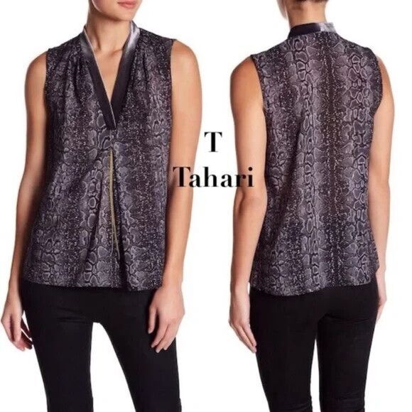 Women's T Tahari V-Neck Snake Print Sleeveless Gold Chain Accent Blouse Small - Picture 3 of 12